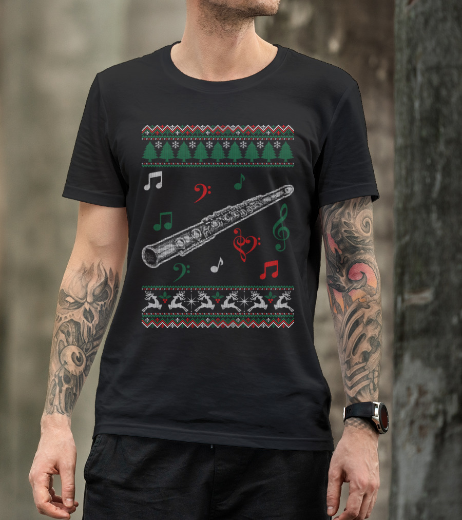 Flute Christmas Tree Musical Notes Reindeer T-Shirt