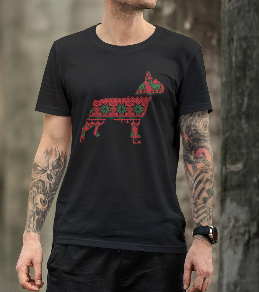 Christmas French Bulldog Nordic Pattern Reindeer Green Red T-Shirt
