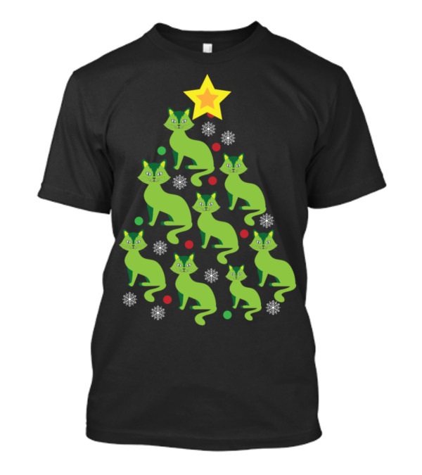 Funny Cat Christmas Tree Star Snowflakes T-Shirt