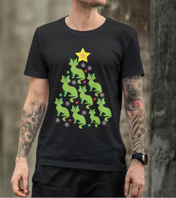 Funny Cat Christmas Tree Star Snowflakes T-Shirt