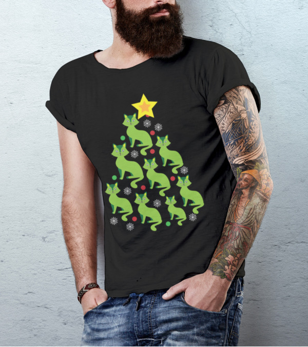 Funny Cat Christmas Tree Star Snowflakes T-Shirt