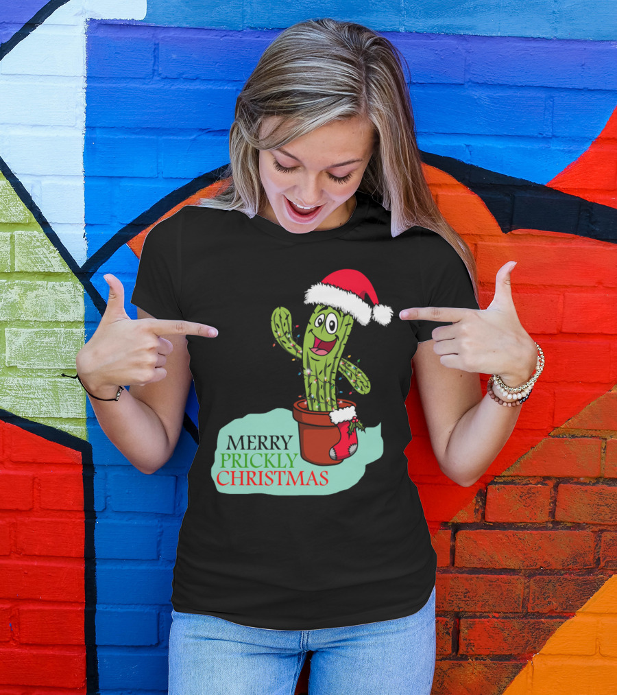 Merry Prickly Christmas Cactus With Santa Hat And Festive Pot T-Shirt