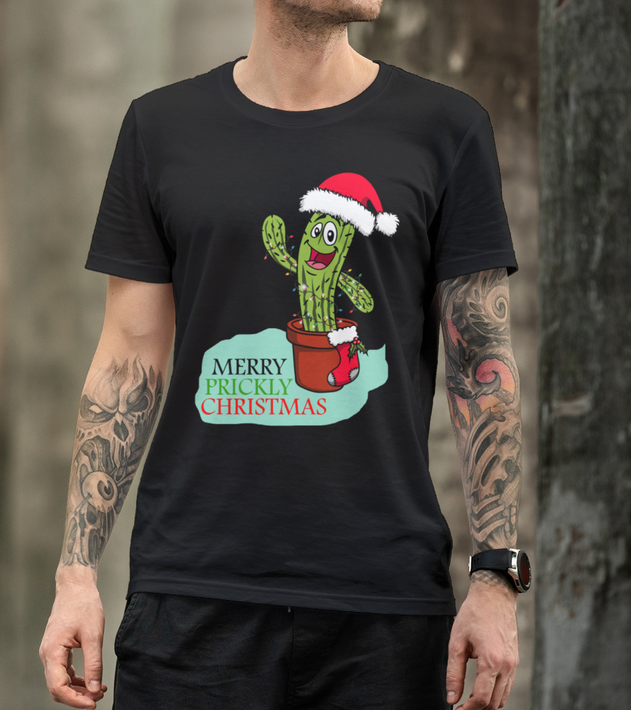 Merry Prickly Christmas Cactus With Santa Hat And Festive Pot T-Shirt