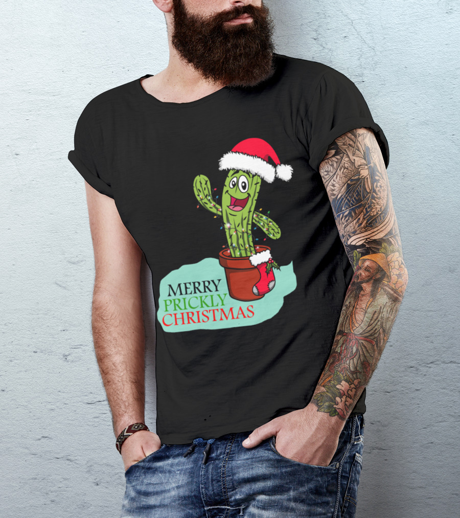 Merry Prickly Christmas Cactus With Santa Hat And Festive Pot T-Shirt