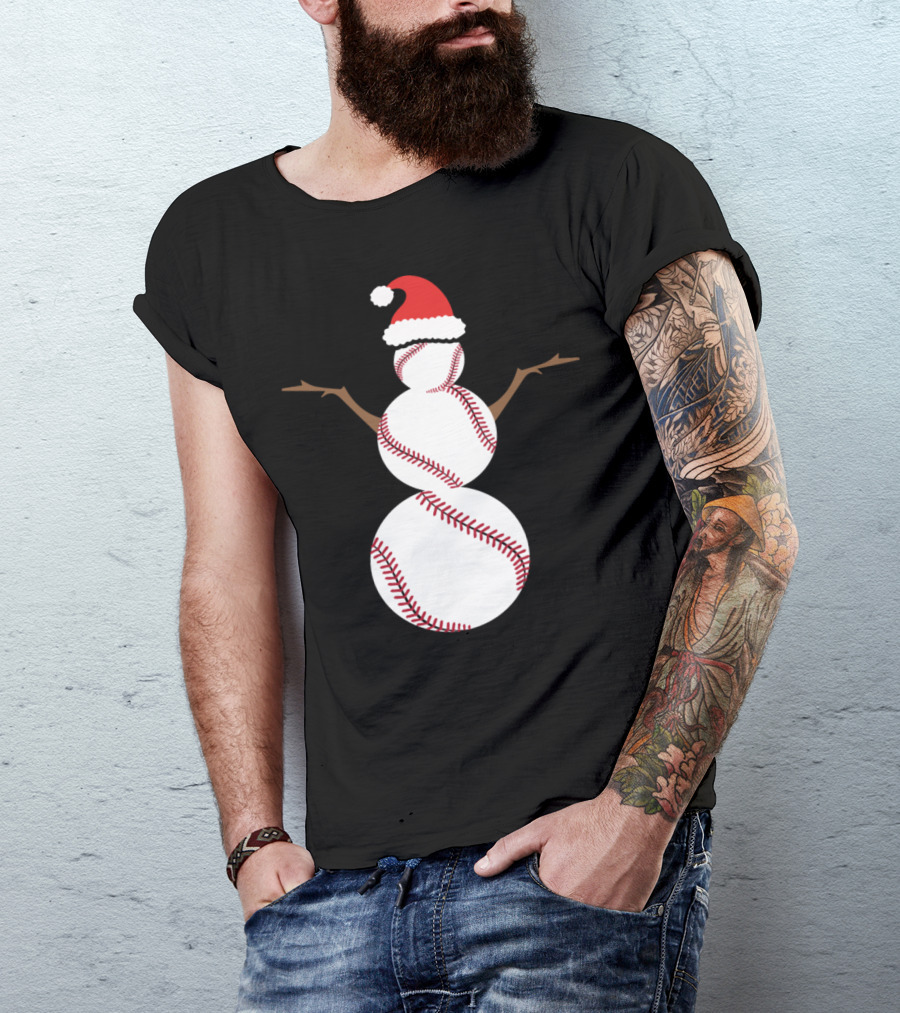 Funny Christmas Baseball Snowman With Santa Hat T-Shirt