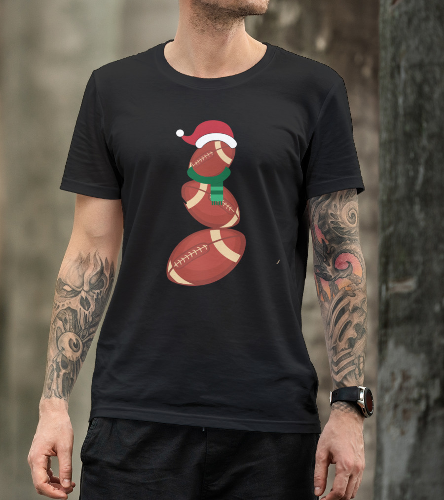 Funny Christmas Football Snowman Santa Hat Scarf T-Shirt
