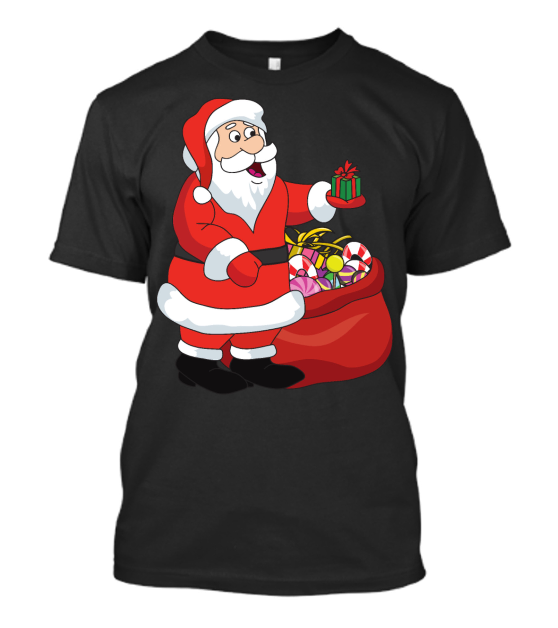 Funny Cute Santa Claus With Christmas Gifts And Candy Cane T-Shirt