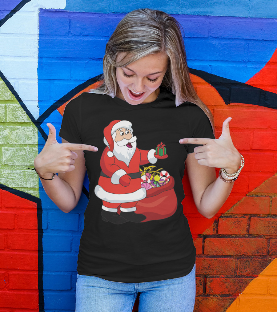 Funny Cute Santa Claus With Christmas Gifts And Candy Cane T-Shirt