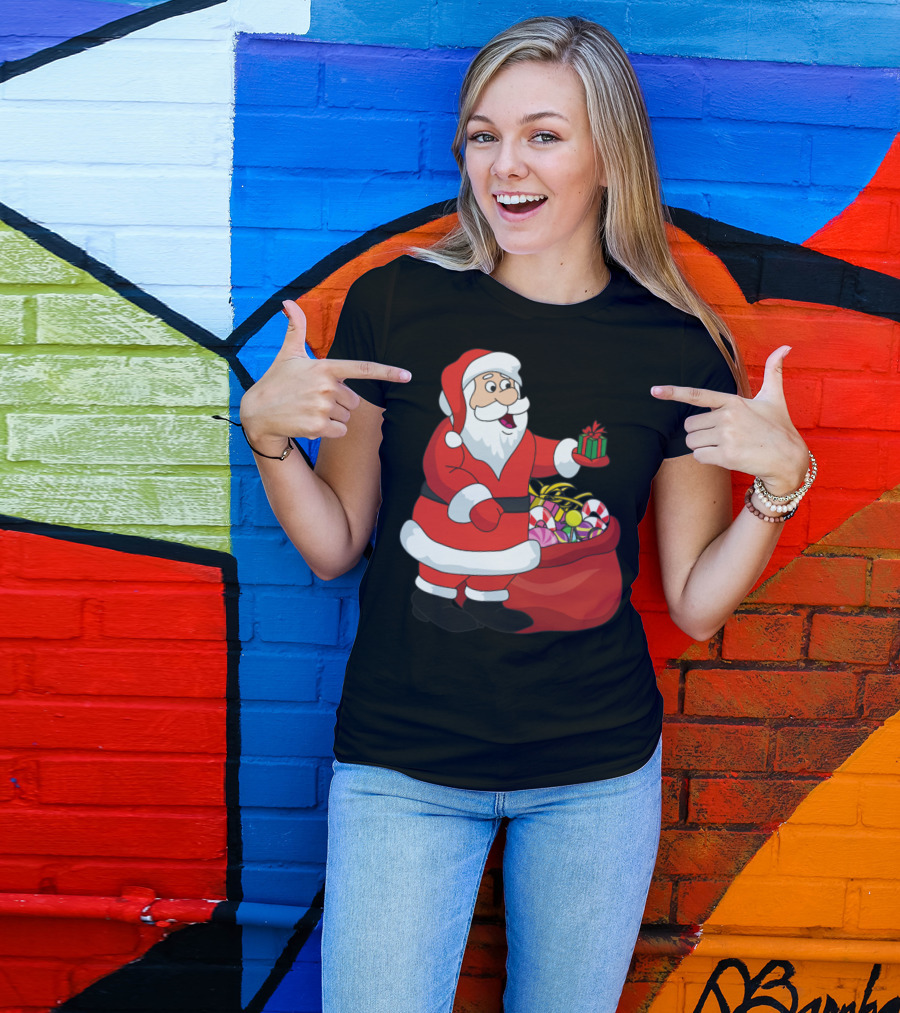Funny Cute Santa Claus With Christmas Gifts And Candy Cane T-Shirt