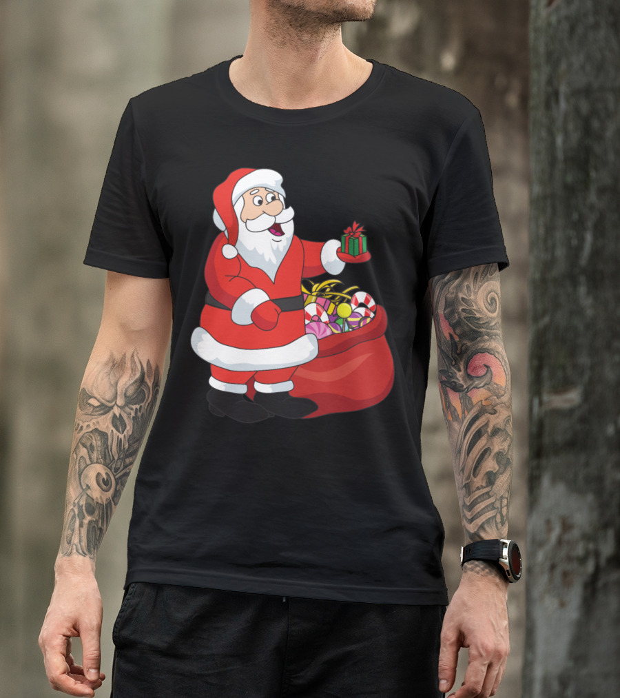 Funny Cute Santa Claus With Christmas Gifts And Candy Cane T-Shirt
