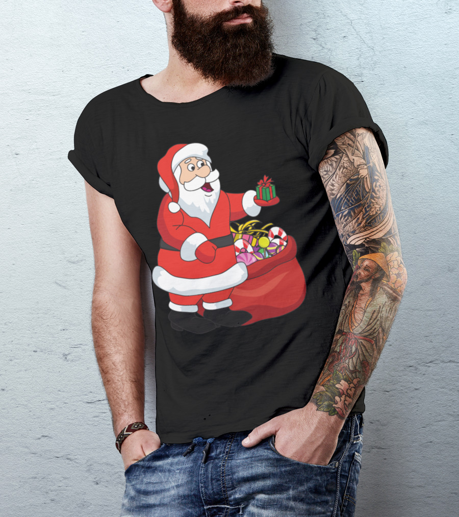 Funny Cute Santa Claus With Christmas Gifts And Candy Cane T-Shirt