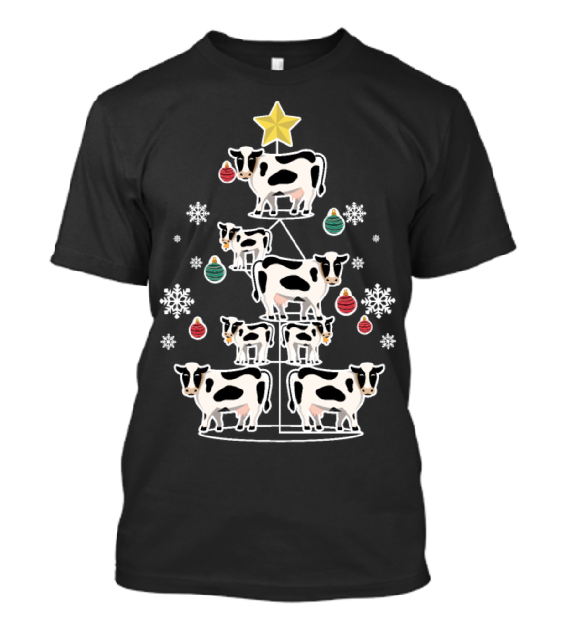 Funny Cow Christmas Tree With Snowflakes And Ornaments T-Shirt
