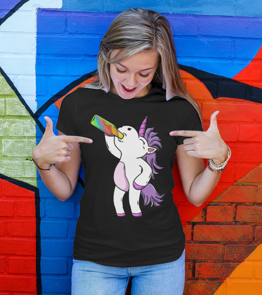 Funny Cute Unicorn Drinking Rainbow Beer At Party T-Shirt