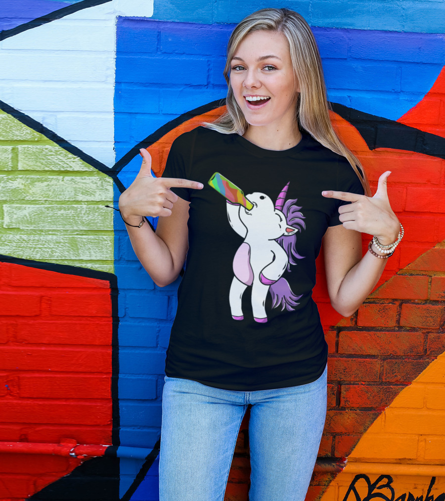 Funny Cute Unicorn Drinking Rainbow Beer At Party T-Shirt