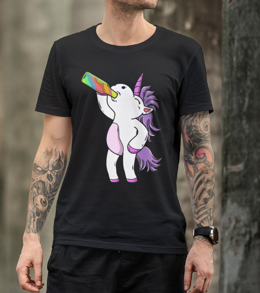 Funny Cute Unicorn Drinking Rainbow Beer At Party T-Shirt