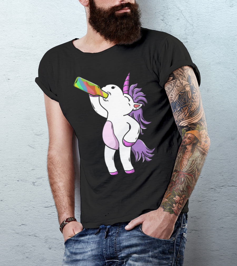 Funny Cute Unicorn Drinking Rainbow Beer At Party T-Shirt