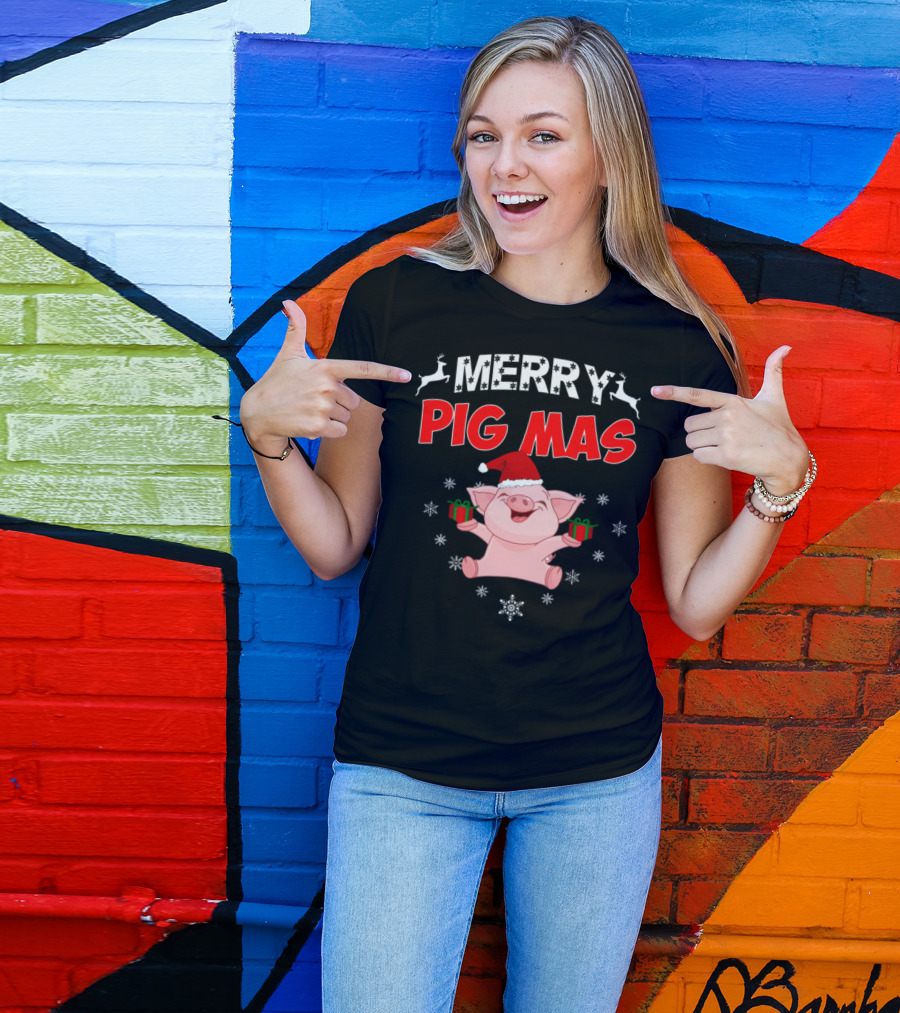 Merry Pig Mas Funny Christmas Pig With Santa Hat And Reindeer T-Shirt