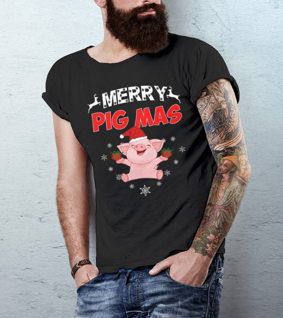 Merry Pig Mas Funny Christmas Pig With Santa Hat And Reindeer T-Shirt