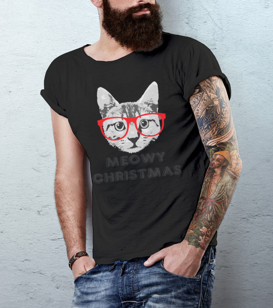 Meowy Christmas Cat Red Glasses T-Shirt