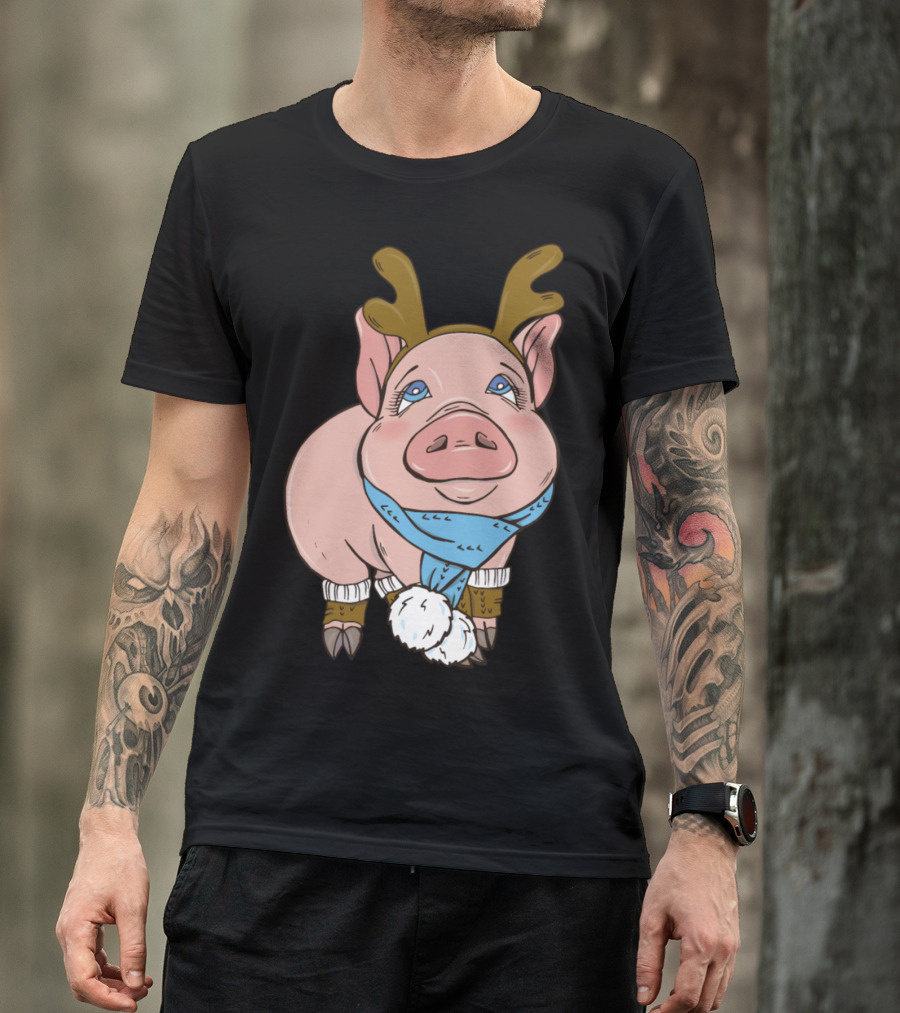 Funny Christmas Pig Reindeer Antlers And Scarf T-Shirt