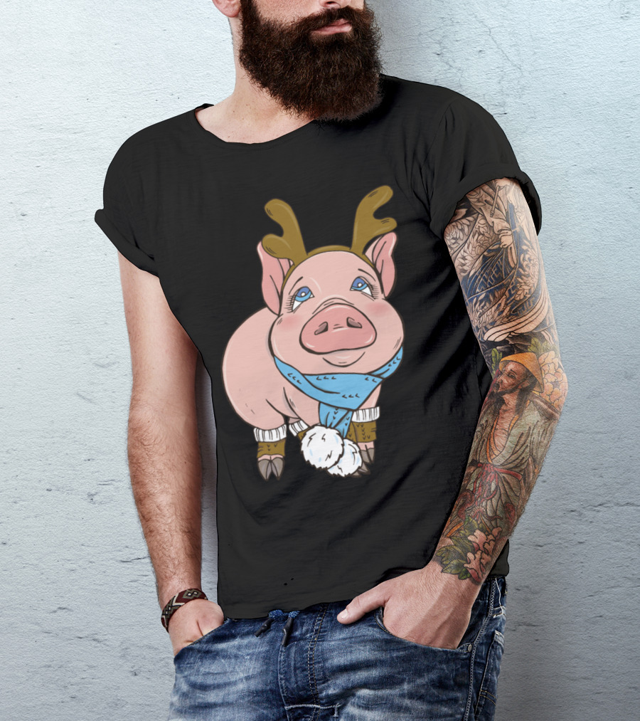 Funny Christmas Pig Reindeer Antlers And Scarf T-Shirt