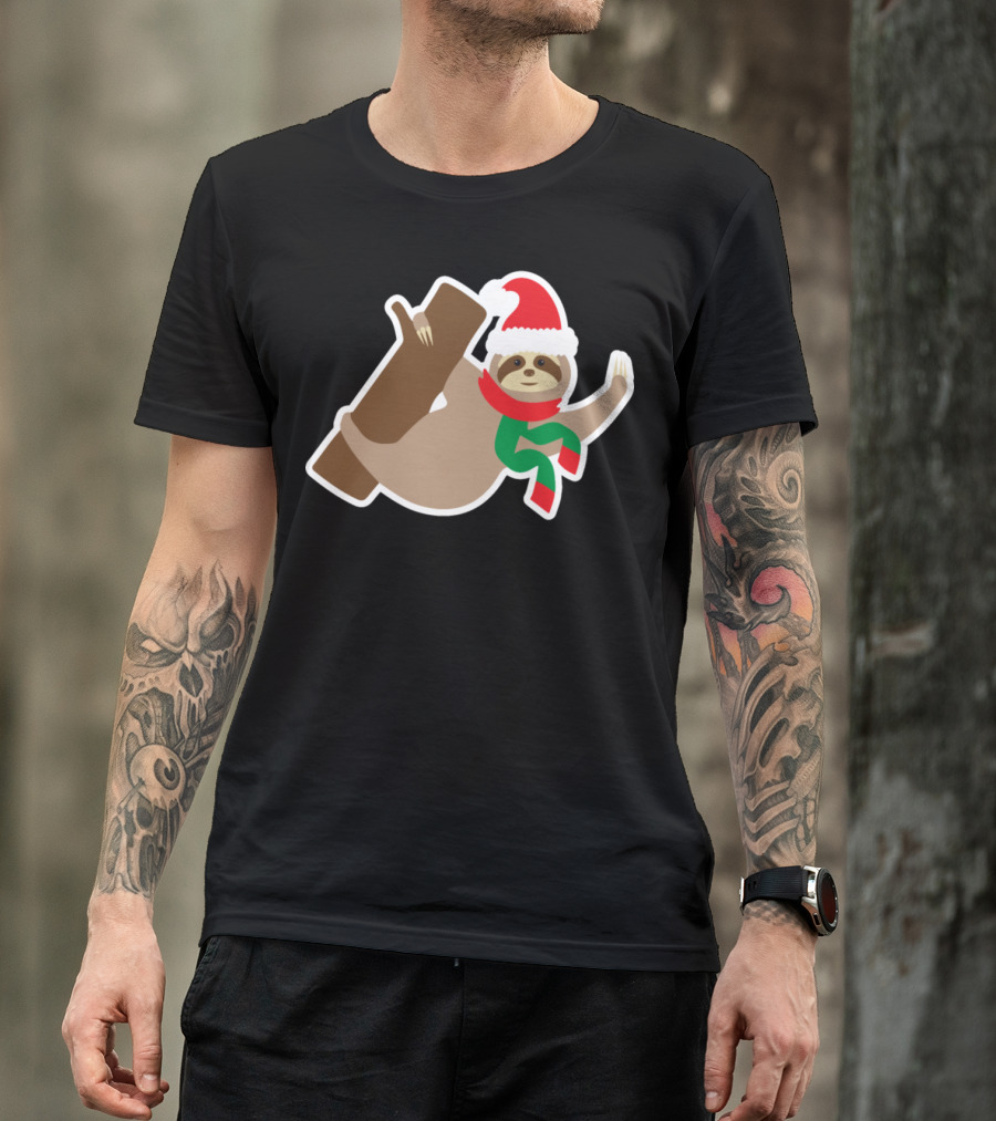 Funny Christmas Sloth Santa Hat Scarf Tree T-Shirt