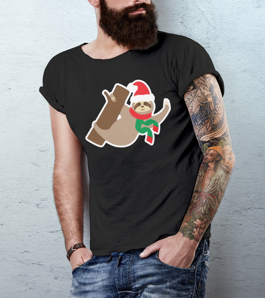Funny Christmas Sloth Santa Hat Scarf Tree T-Shirt