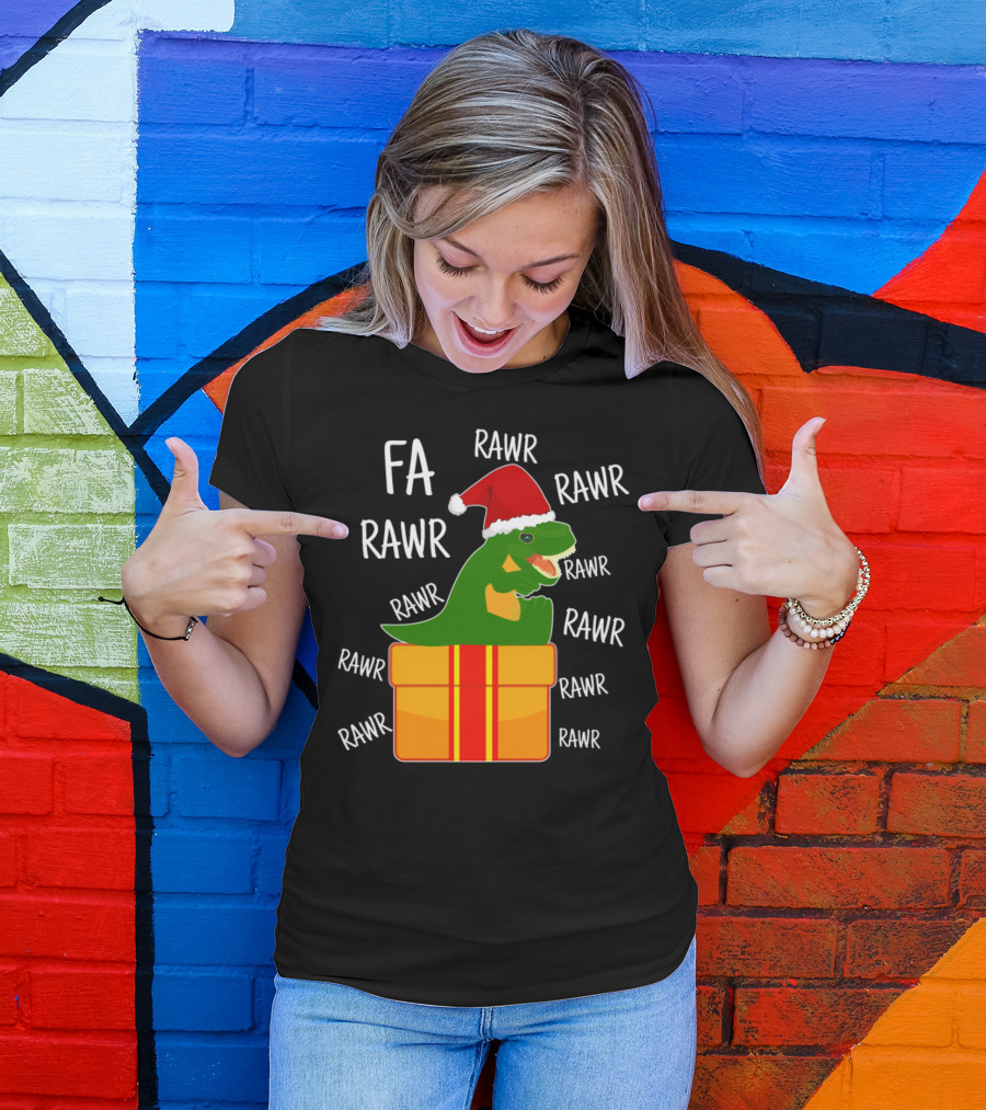 FA RAWR Christmas T-Rex In Santa Hat Inside Present T-Shirt