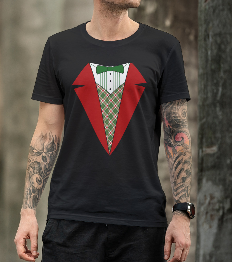 Funny Red And Green Tuxedo Christmas Shirt Plaid Bow Tie T-Shirt