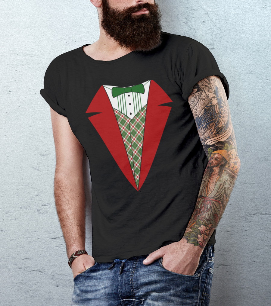 Funny Red And Green Tuxedo Christmas Shirt Plaid Bow Tie T-Shirt