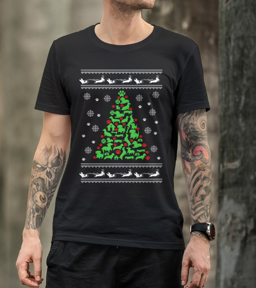 Funny Dog Lover Christmas Tree Holiday Ugly Sweater Reindeer Snowflake Paws T-Shirt