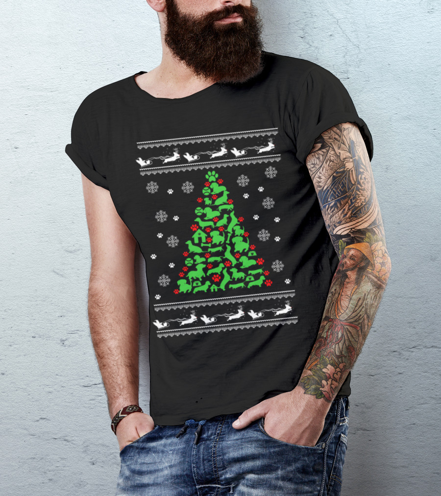 Funny Dog Lover Christmas Tree Holiday Ugly Sweater Reindeer Snowflake Paws T-Shirt