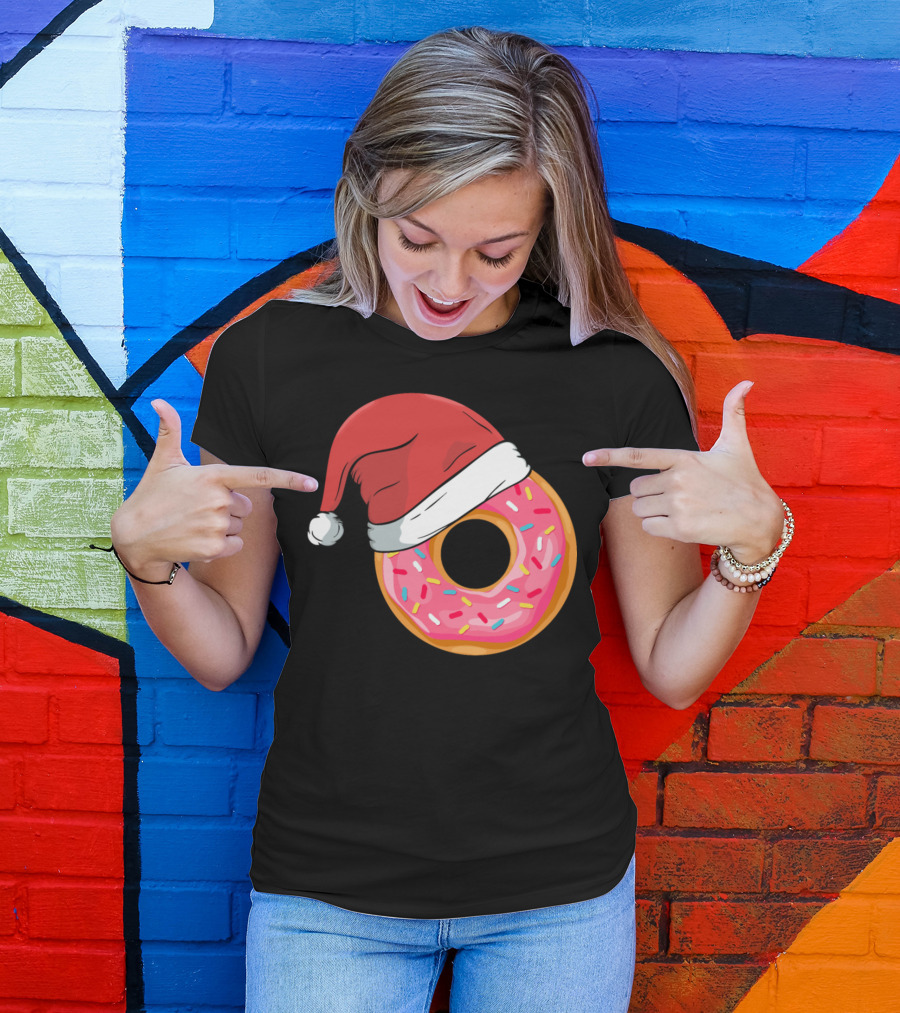Santa Claus Hat Pink Donut Christmas Fun T-Shirt