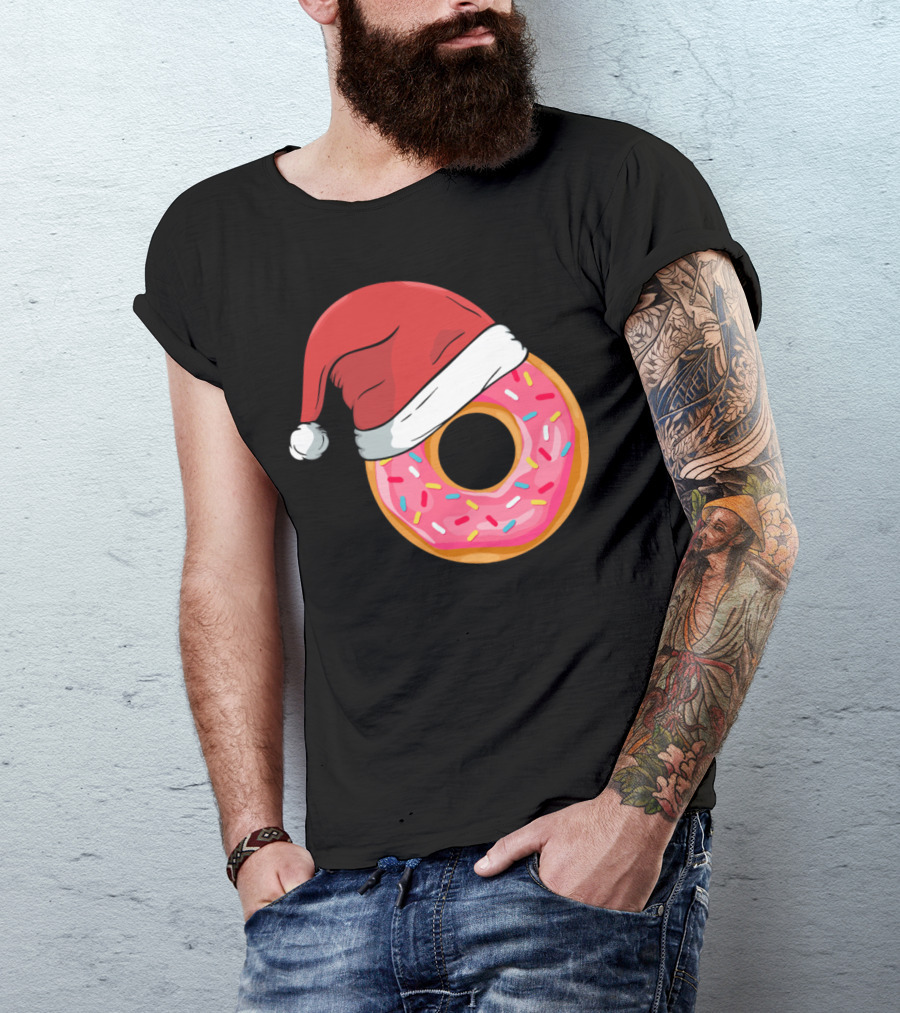 Santa Claus Hat Pink Donut Christmas Fun T-Shirt