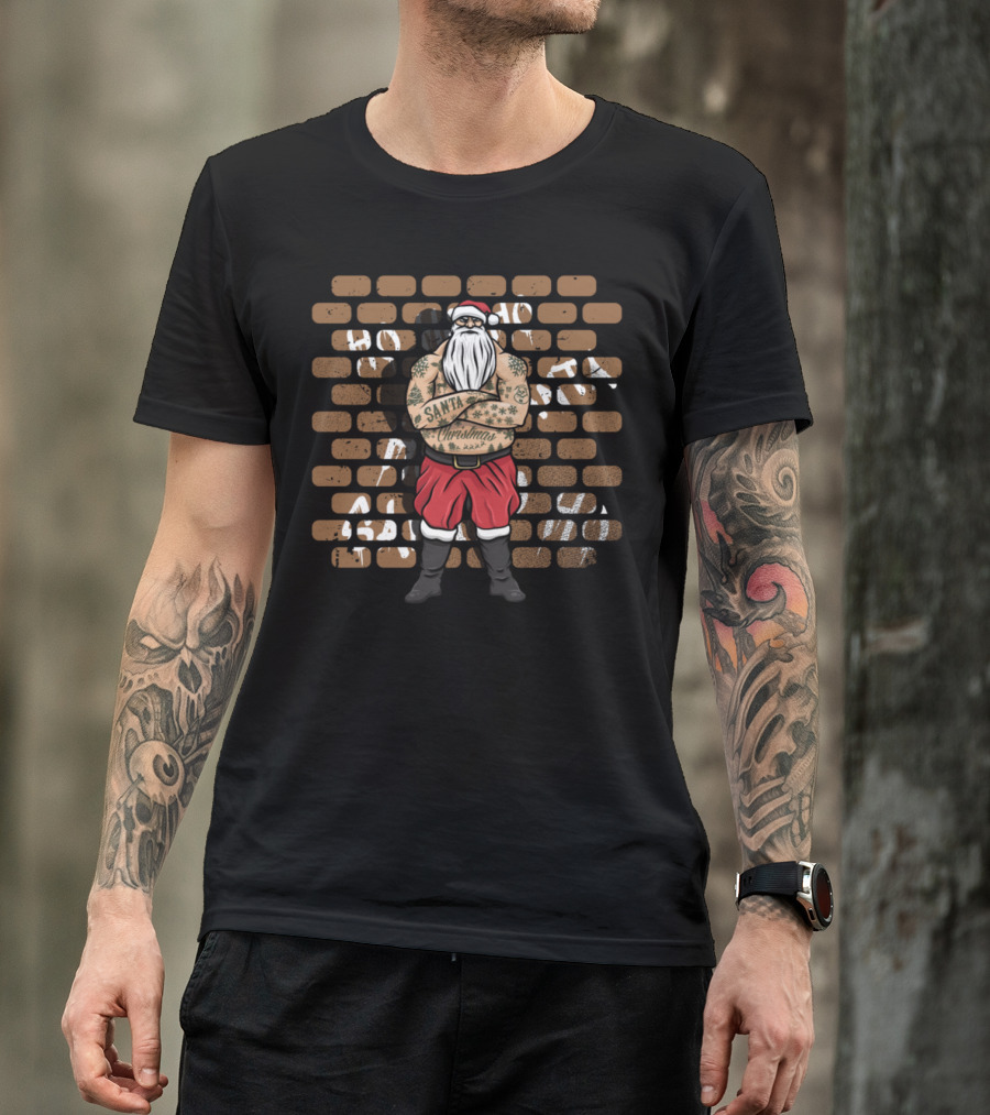 Gangsta Santa Graffiti Christmas Tattoos Brick Wall T-Shirt