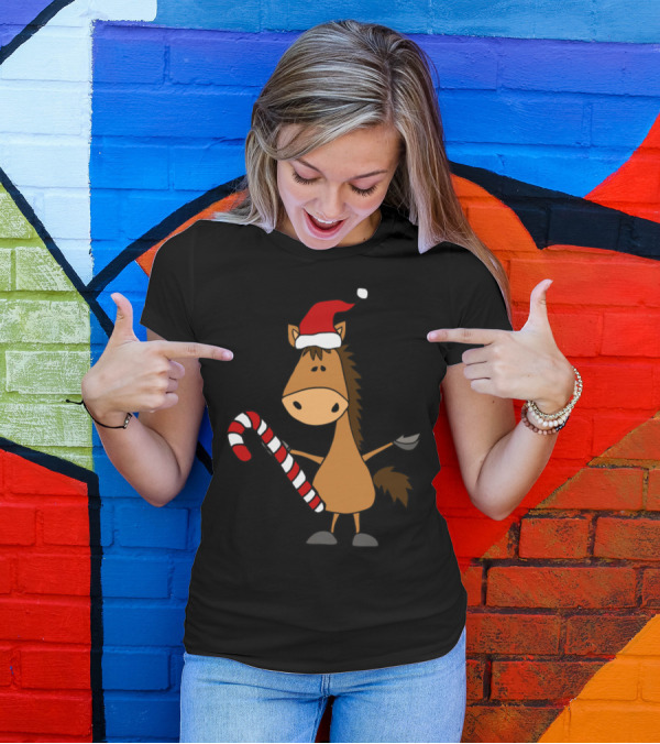 Funny Horse In Santa Hat With Candy Cane T-Shirt