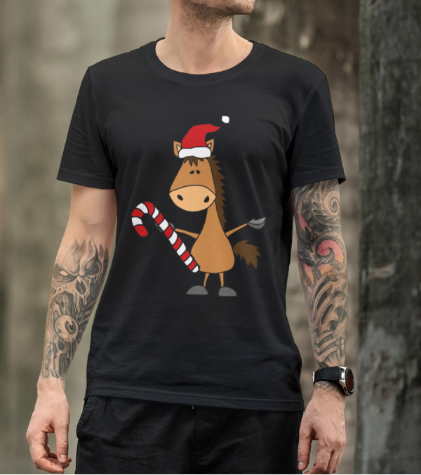 Funny Horse In Santa Hat With Candy Cane T-Shirt