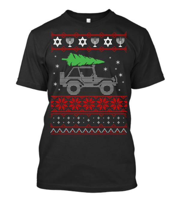 Funny Jeep Christmas Tree Hanukkah Menorah Star Ugly Sweater Snowflakes T-Shirt