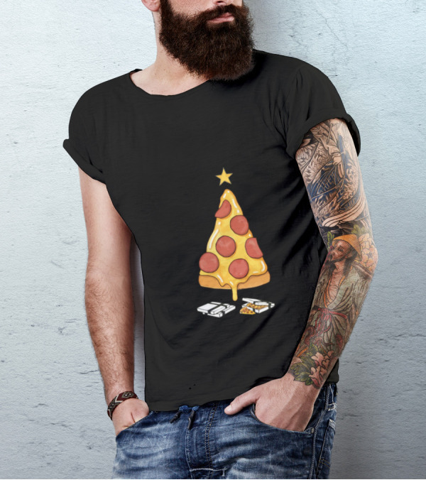 Funny Merry Christmas Pizza Tree With Pepperoni And Presents T-Shirt