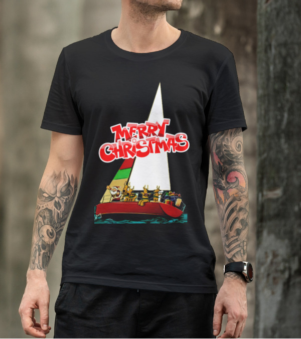 Funny Santa Merry Christmas Sailboat Adventure T-Shirt