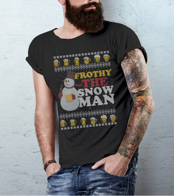 Frothy The Snowman Ugly Christmas Style Beer Drinking T-Shirt