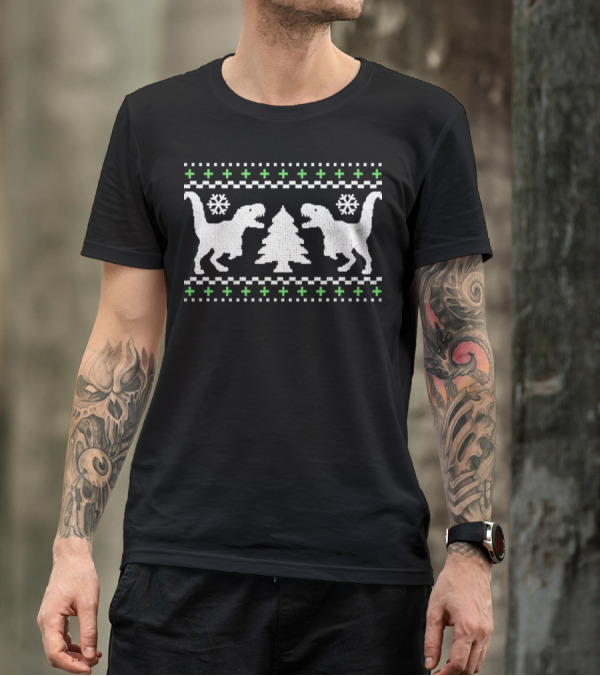 Ugly Christmas Sweater T-Rex Dinosaurs Pine Tree Snowflakes T-Shirt