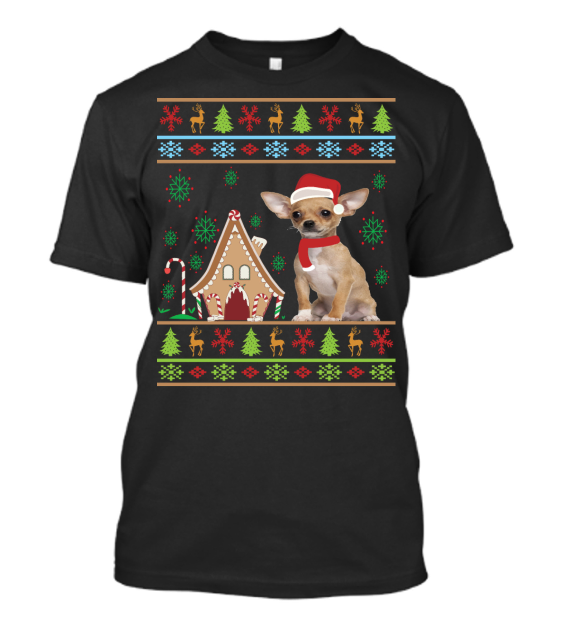 Funny Ugly Christmas Chihuahua Santa Hat Gingerbread House Reindeer Snowflakes Pine Trees T-Shirt