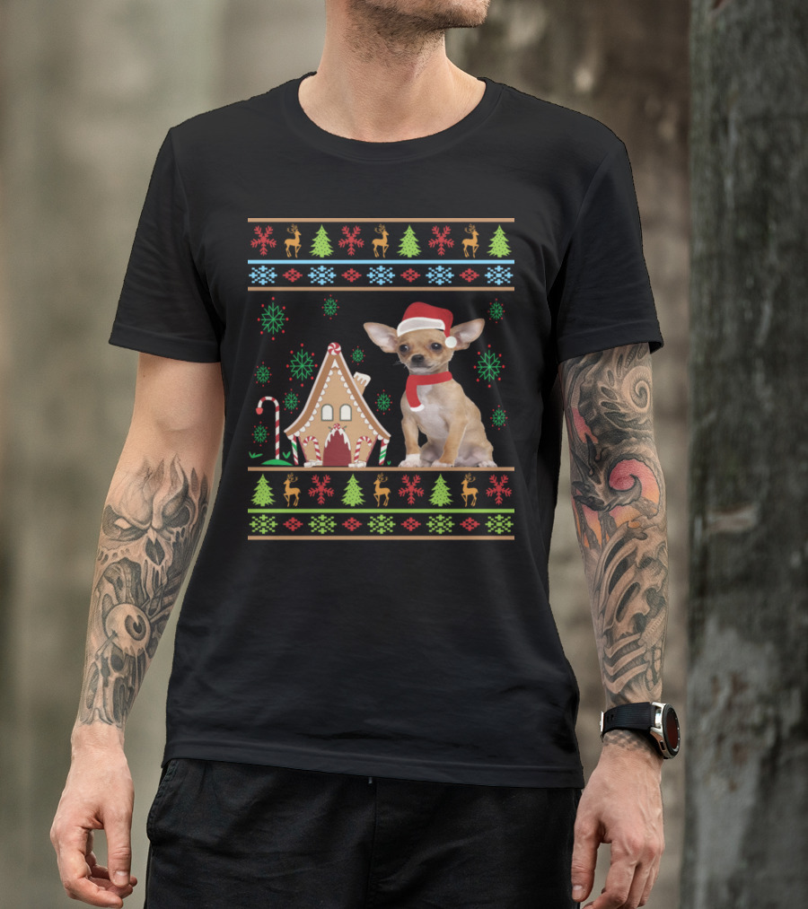 Funny Ugly Christmas Chihuahua Santa Hat Gingerbread House Reindeer Snowflakes Pine Trees T-Shirt