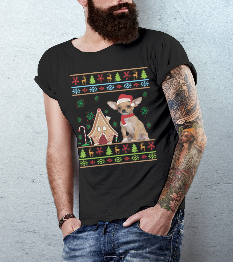 Funny Ugly Christmas Chihuahua Santa Hat Gingerbread House Reindeer Snowflakes Pine Trees T-Shirt