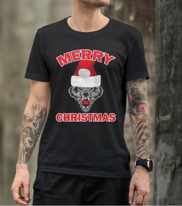 Merry Christmas Wolf Santa Hat T-Shirt