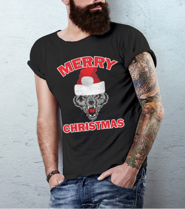 Merry Christmas Wolf Santa Hat T-Shirt