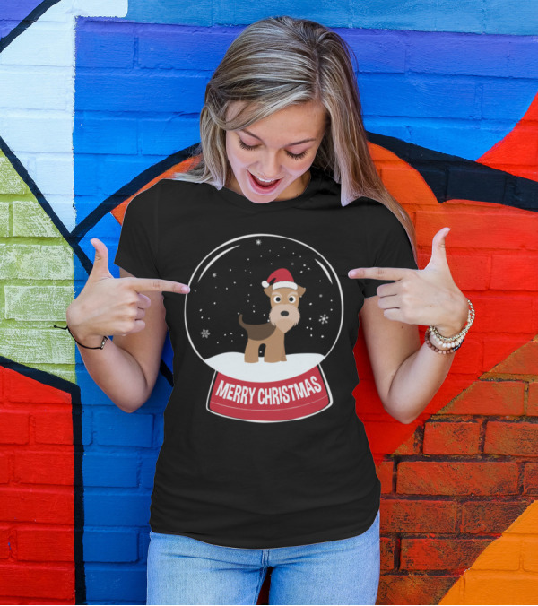 Airedale Merry Christmas Snow Globe Santa Hat T-Shirt