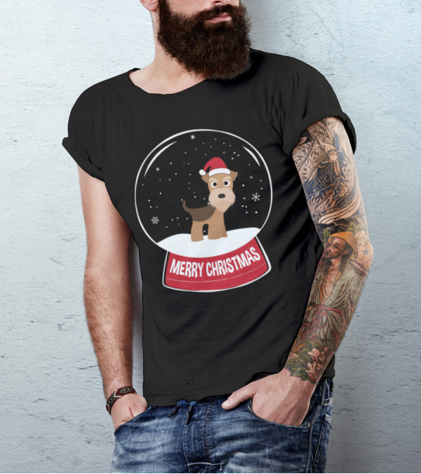 Airedale Merry Christmas Snow Globe Santa Hat T-Shirt