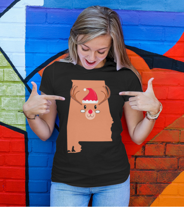 Alabama Map Santa Hat Antlers Red Nose Reindeer Christmas T-Shirt